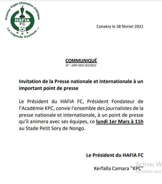 COMMUNIQUÉ: INVITATION/POINT DE PRESSE/HAFIA